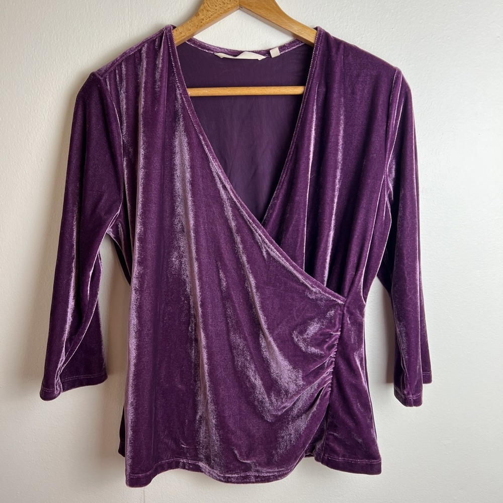 Soft Surroundings Top Women's Medium Petite Purple Velvet Sz PM 3/4 Sleeve Wrap
